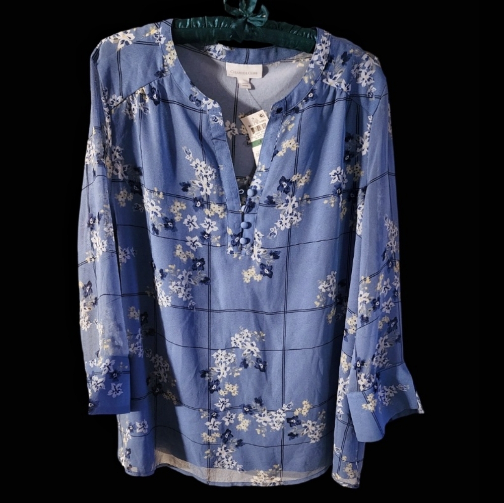 Charter Club Floral Blue 3/4 Sleeve Blouse